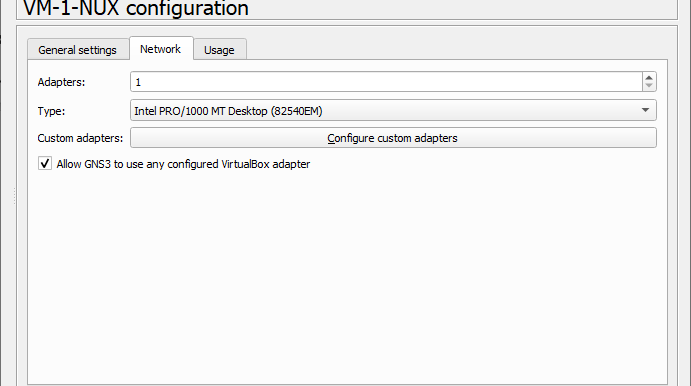 Configuration du nœud VM-1-NUX dans GNS3 : option Allow GNS3 to use any configured VirtualBox adapter activée dans l'onglet Network