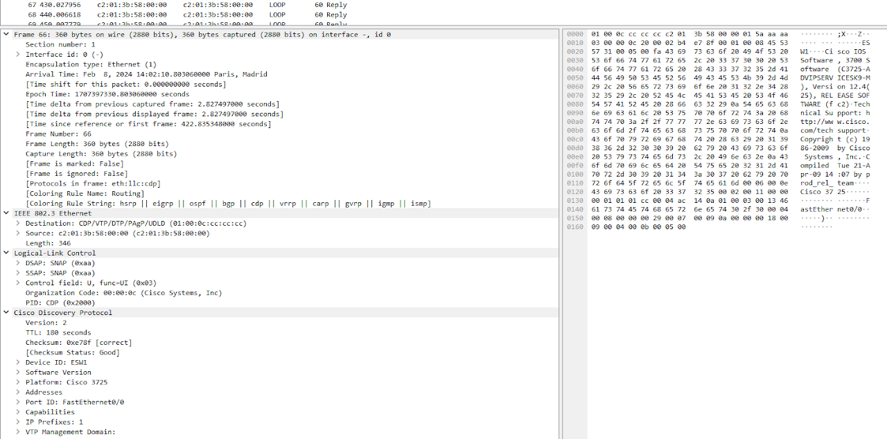 Capture Wireshark d'une trame CDP émise par ESW1, détaillant le nom de l'équipement, sa plateforme Cisco 3725, sa version logicielle et son port d'origine FastEthernet0/0