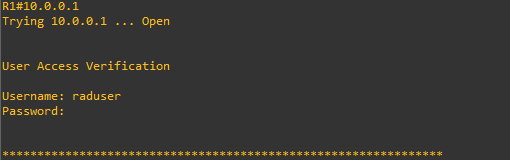 Invite d'authentification lors d'une connexion Telnet de R1 vers ESW1 : Username raduser, Password masqué