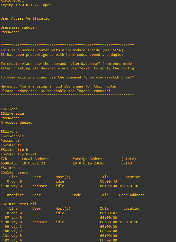 Session complète sur ESW1 : authentification Telnet, tentative d'accès au mode privilégié avec un échec puis une réussite, et sorties de show tcp brief et show users confirmant la connexion de raduser depuis 10.0.0.10