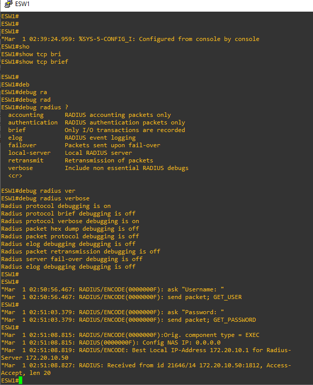Sortie de debug radius verbose sur ESW1 montrant l'encodage de la requête (GET_USER, GET_PASSWORD, adresse du NAS, type EXEC) et la réception d'un Access-Accept depuis 172.20.10.50