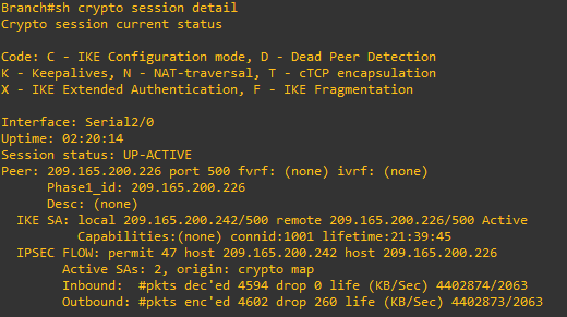 Sortie de show crypto session detail sur Branch : session IKE active avec 209.165.200.226, et flux IPsec autorisant le protocole 47 (GRE) entre les deux adresses publiques, avec les compteurs de paquets chiffrés et déchiffrés