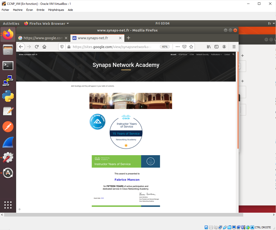 Navigateur Firefox dans la VM CCNP_VM affichant le site Synaps Network Academy, chargé via la connexion Internet traduite par NAT