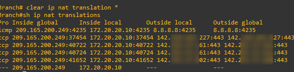 Sortie de show ip nat translations sur Branch : adresse interne 172.20.20.10 traduite en 209.165.200.249 pour des échanges ICMP et HTTPS vers Internet