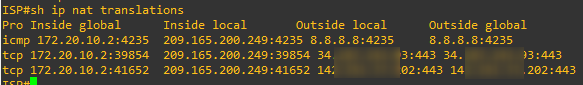 Sortie de show ip nat translations sur le routeur ISP : les mêmes échanges apparaissent avec un tout autre jeu d'adresses, preuve d'une traduction en cascade
