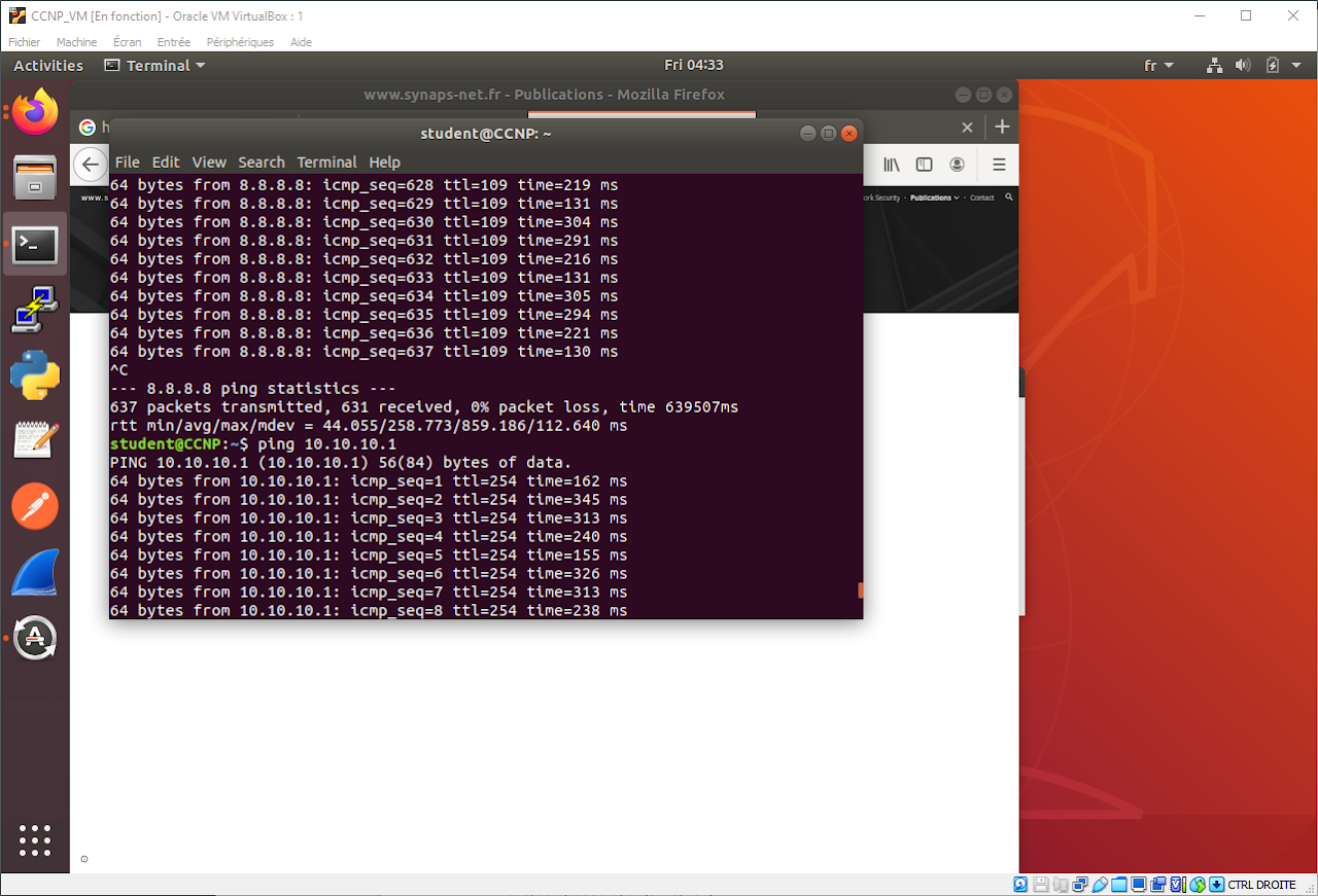 Terminal de la VM Linux CCNP_VM : ping réussi vers 8.8.8.8 (0% de perte) puis vers 10.10.10.1, le réseau interne de HQ, avec un TTL de 254